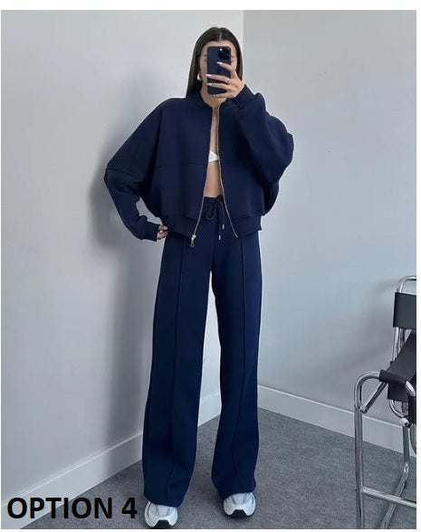 New Long Sleeve Zipper Cardigan Loose Sweatpants Casual Two Piece Set CODE: KAR3220