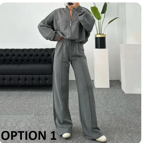 New Long Sleeve Zipper Cardigan Loose Sweatpants Casual Two Piece Set CODE: KAR3220