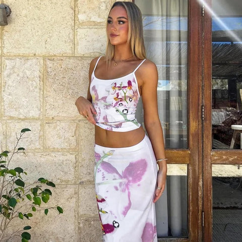 New Floral Print Long Skirt Elegant Sexy 2 Piece Set CODE: KAR3223