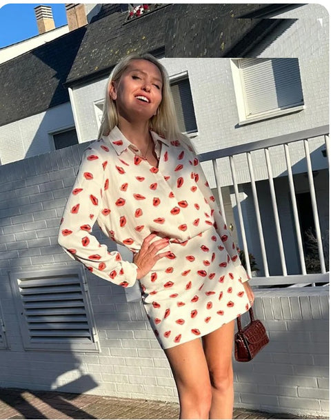 Summer Print Turn-Down Collar Long Sleeve Single Breasted Casual Shirts+High Waist Zipper Short Skirt Set CODE: KAR3224