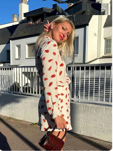 Summer Print Turn-Down Collar Long Sleeve Single Breasted Casual Shirts+High Waist Zipper Short Skirt Set CODE: KAR3224
