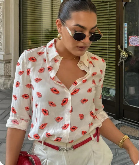 Summer Print Turn-Down Collar Long Sleeve Single Breasted Casual Shirts+High Waist Zipper Short Skirt Set CODE: KAR3224