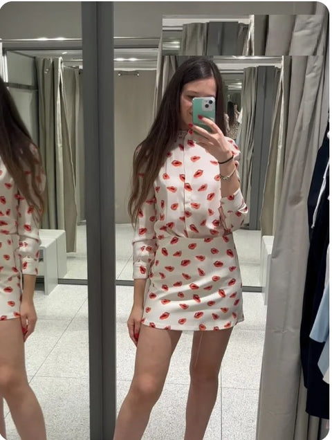 Summer Print Turn-Down Collar Long Sleeve Single Breasted Casual Shirts+High Waist Zipper Short Skirt Set CODE: KAR3224