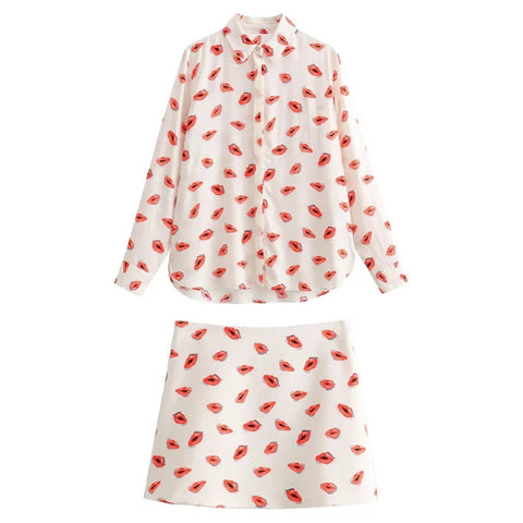 Summer Print Turn-Down Collar Long Sleeve Single Breasted Casual Shirts+High Waist Zipper Short Skirt Set CODE: KAR3224