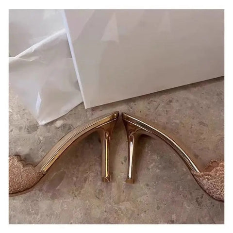 New Arrival Pointed Banquet Champagne Gold Embroidered High Heel Sandals CODE: KAR3229