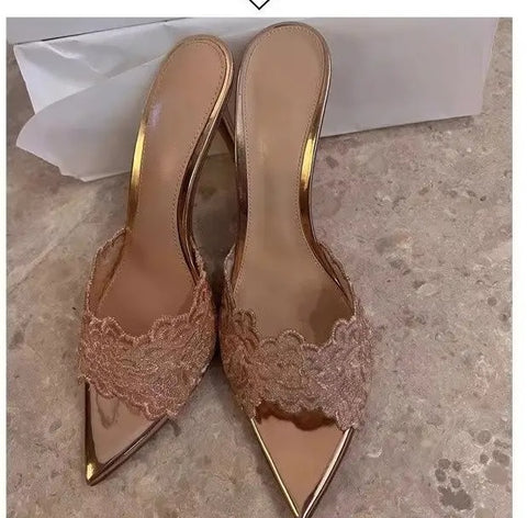 New Arrival Pointed Banquet Champagne Gold Embroidered High Heel Sandals CODE: KAR3229