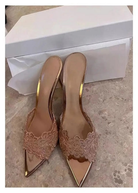 New Arrival Pointed Banquet Champagne Gold Embroidered High Heel Sandals CODE: KAR3229