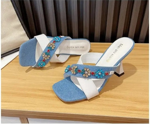 New Square Toe Flower Glitter Slides Low Cross-Tied High Jelly Luxury Heels CODE: KAR3236