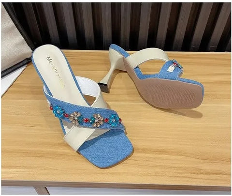 New Square Toe Flower Glitter Slides Low Cross-Tied High Jelly Luxury Heels CODE: KAR3236