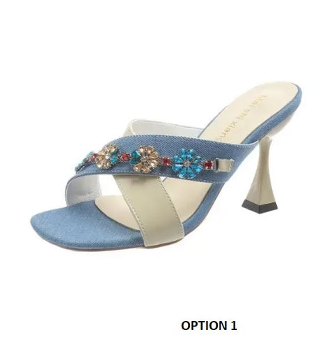 New Square Toe Flower Glitter Slides Low Cross-Tied High Jelly Luxury Heels CODE: KAR3236