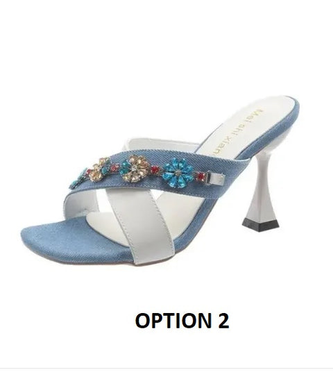 New Square Toe Flower Glitter Slides Low Cross-Tied High Jelly Luxury Heels CODE: KAR3236
