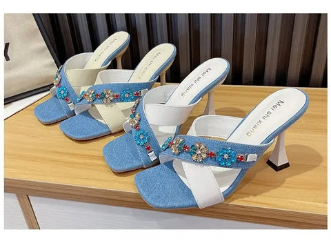 New Square Toe Flower Glitter Slides Low Cross-Tied High Jelly Luxury Heels CODE: KAR3236