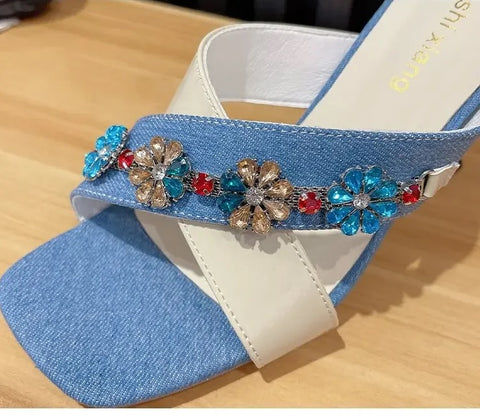New Square Toe Flower Glitter Slides Low Cross-Tied High Jelly Luxury Heels CODE: KAR3236