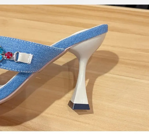New Square Toe Flower Glitter Slides Low Cross-Tied High Jelly Luxury Heels CODE: KAR3236