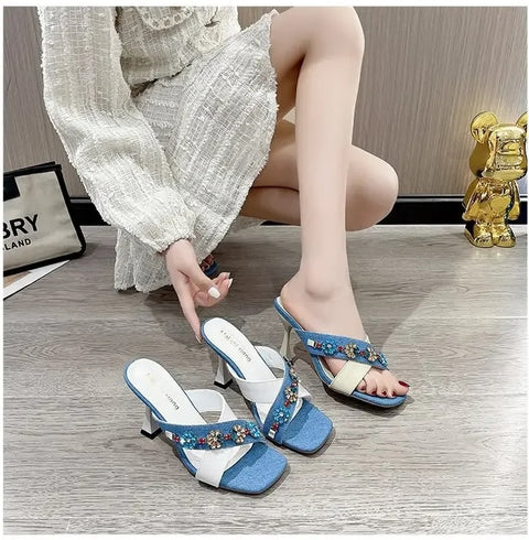 New Square Toe Flower Glitter Slides Low Cross-Tied High Jelly Luxury Heels CODE: KAR3236