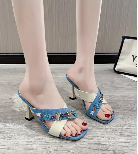 New Square Toe Flower Glitter Slides Low Cross-Tied High Jelly Luxury Heels CODE: KAR3236