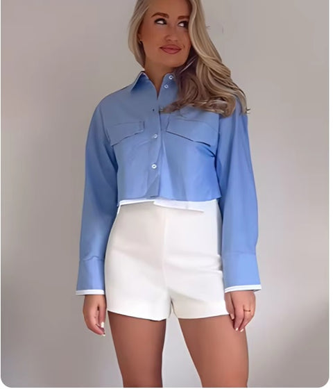 New Patchwork Elegant Solid Sweet Laple Single Breasted Long Sleeves Shirt CODE: KAR3245