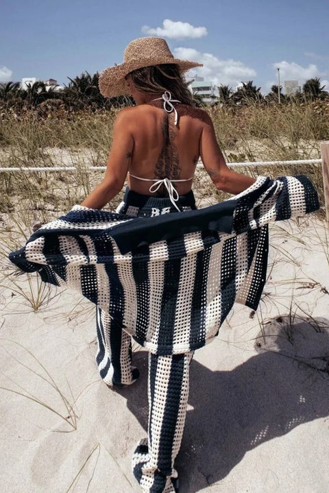 Summer Casual Vertical Stripe Wide Leg Lapel V-Neck Hollow Out Two Piece Set CODE: KAR3246
