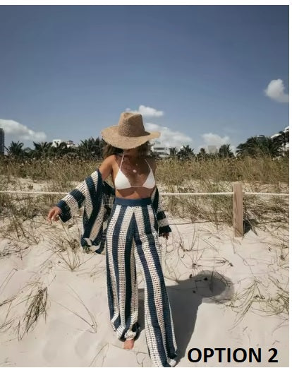 Summer Casual Vertical Stripe Wide Leg Lapel V-Neck Hollow Out Two Piece Set CODE: KAR3246