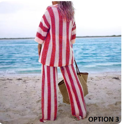 Summer Casual Vertical Stripe Wide Leg Lapel V-Neck Hollow Out Two Piece Set CODE: KAR3246