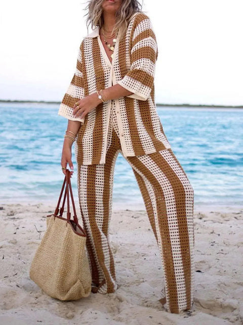 Summer Casual Vertical Stripe Wide Leg Lapel V-Neck Hollow Out Two Piece Set CODE: KAR3246