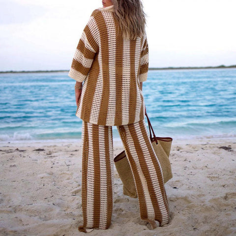 Summer Casual Vertical Stripe Wide Leg Lapel V-Neck Hollow Out Two Piece Set CODE: KAR3246