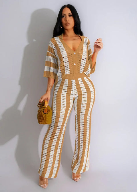 Summer Casual Vertical Stripe Wide Leg Lapel V-Neck Hollow Out Two Piece Set CODE: KAR3246