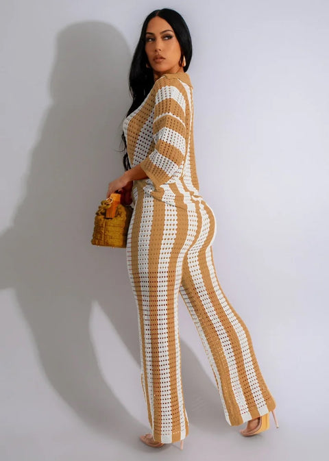 Summer Casual Vertical Stripe Wide Leg Lapel V-Neck Hollow Out Two Piece Set CODE: KAR3246