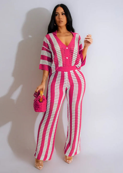 Summer Casual Vertical Stripe Wide Leg Lapel V-Neck Hollow Out Two Piece Set CODE: KAR3246