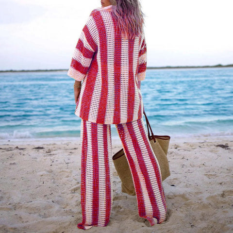 Summer Casual Vertical Stripe Wide Leg Lapel V-Neck Hollow Out Two Piece Set CODE: KAR3246