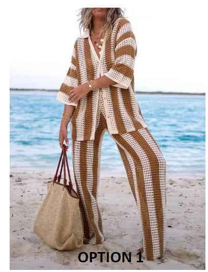 Summer Casual Vertical Stripe Wide Leg Lapel V-Neck Hollow Out Two Piece Set CODE: KAR3246