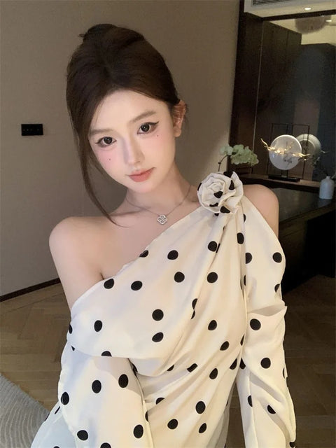 New Polka Dot Off Shoulder Long Sleeve Irregular Design Top CODE: KAR3247
