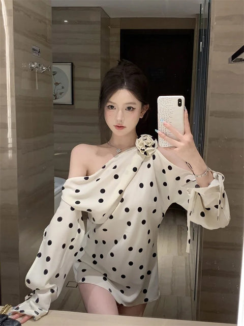 New Polka Dot Off Shoulder Long Sleeve Irregular Design Top CODE: KAR3247