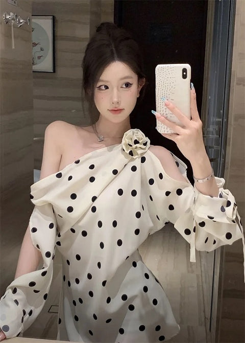 New Polka Dot Off Shoulder Long Sleeve Irregular Design Top CODE: KAR3247