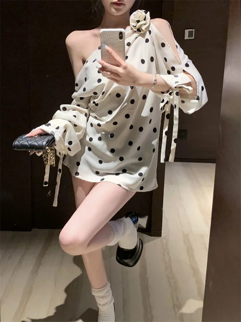 New Polka Dot Off Shoulder Long Sleeve Irregular Design Top CODE: KAR3247