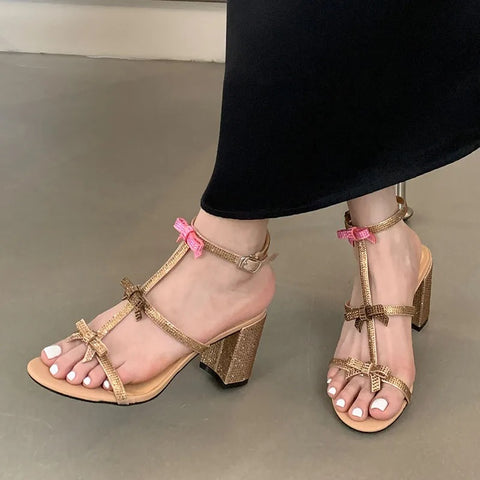 New Fashion Bling Butterfly-Knot Ankle Strap High Square Heels CODE: KAR3248