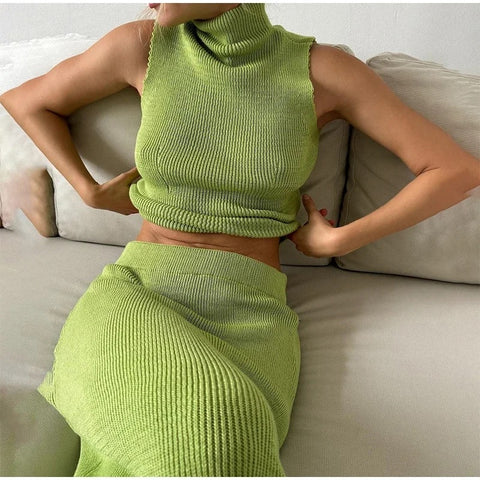 New Sleeveless Turtleneck coat High Waist Skirt Slim Set CODE: KAR3249
