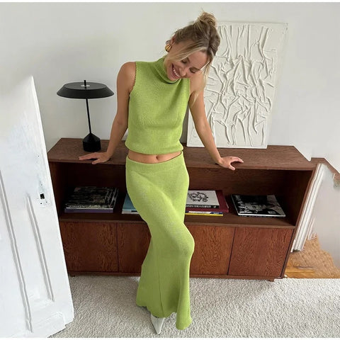 New Sleeveless Turtleneck coat High Waist Skirt Slim Set CODE: KAR3249