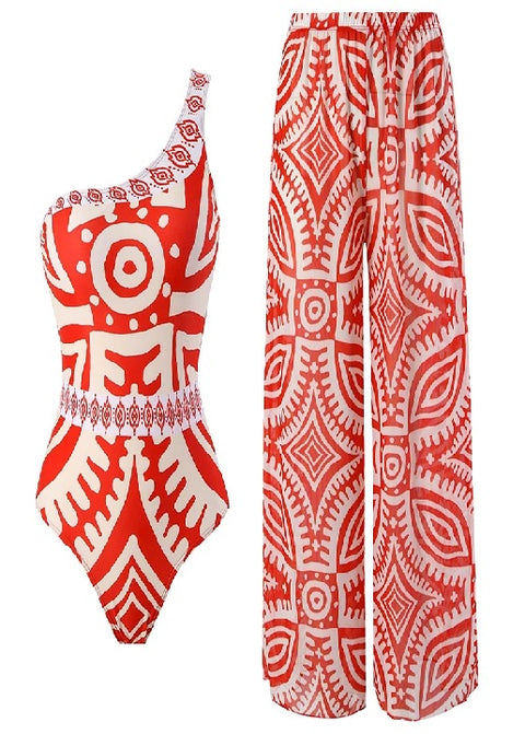 New One Shoulder Integrated Personalized Ethnic Style Printing Sexy Swimsuit Set CODE: KAR3251