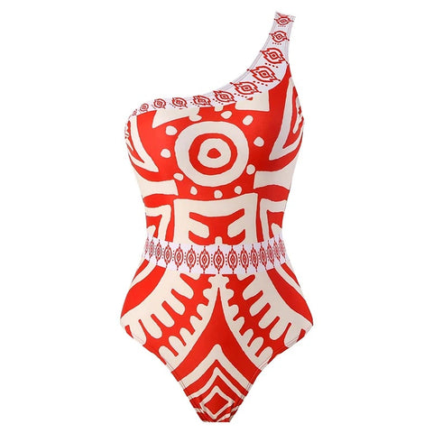 New One Shoulder Integrated Personalized Ethnic Style Printing Sexy Swimsuit Set CODE: KAR3251