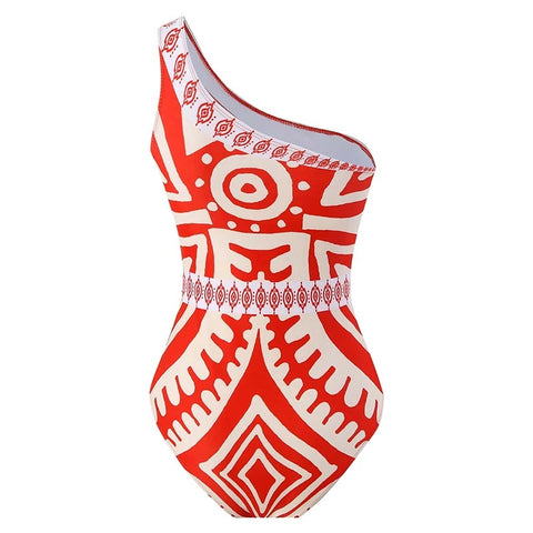 New One Shoulder Integrated Personalized Ethnic Style Printing Sexy Swimsuit Set CODE: KAR3251