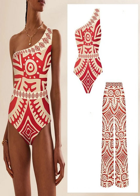 New One Shoulder Integrated Personalized Ethnic Style Printing Sexy Swimsuit Set CODE: KAR3251