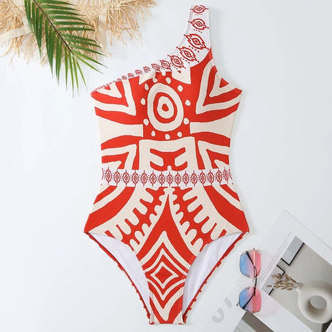 New One Shoulder Integrated Personalized Ethnic Style Printing Sexy Swimsuit Set CODE: KAR3251