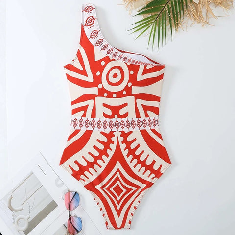New One Shoulder Integrated Personalized Ethnic Style Printing Sexy Swimsuit Set CODE: KAR3251