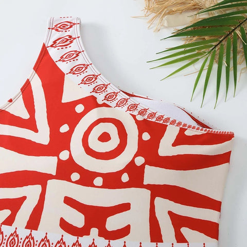 New One Shoulder Integrated Personalized Ethnic Style Printing Sexy Swimsuit Set CODE: KAR3251
