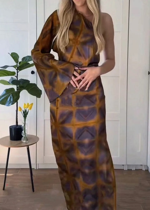 New One Shoulder Printed Slant Collar Sleeve Print Slim-fit Dress CODE: KAR3252
