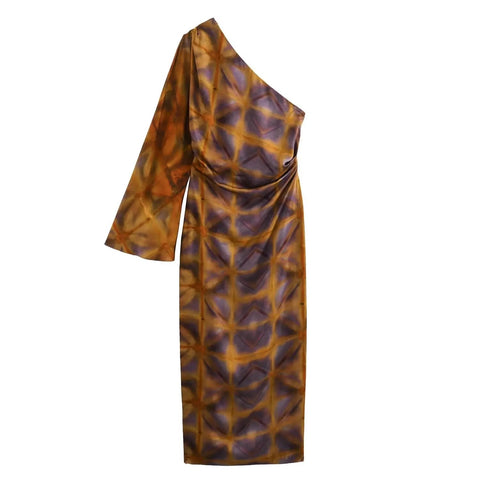 New One Shoulder Printed Slant Collar Sleeve Print Slim-fit Dress CODE: KAR3252
