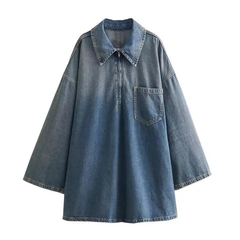 New Loose Fit Turn Down Collar Flare Sleeve Oversized Denim Dress CODE: KAR3255