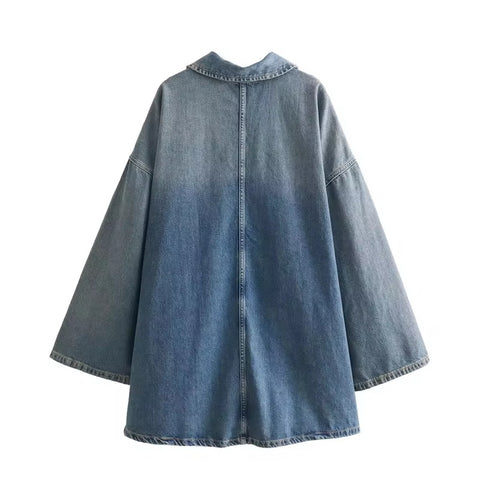 New Loose Fit Turn Down Collar Flare Sleeve Oversized Denim Dress CODE: KAR3255