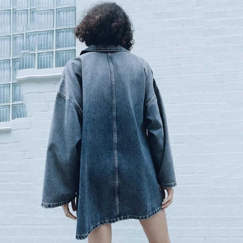 New Loose Fit Turn Down Collar Flare Sleeve Oversized Denim Dress CODE: KAR3255